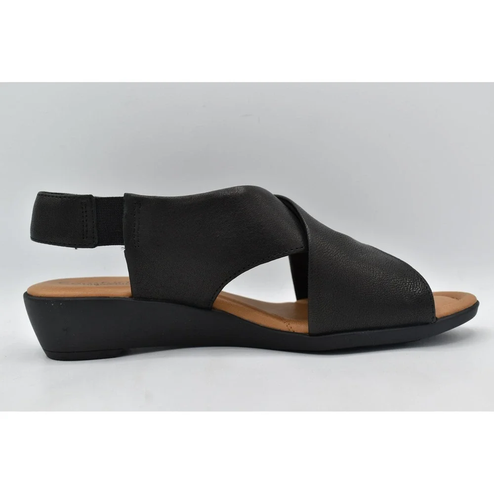 Comfortiva Womens 7.5 Emilee Black Leather Stretch Slingback Wedge Sandals Shoes